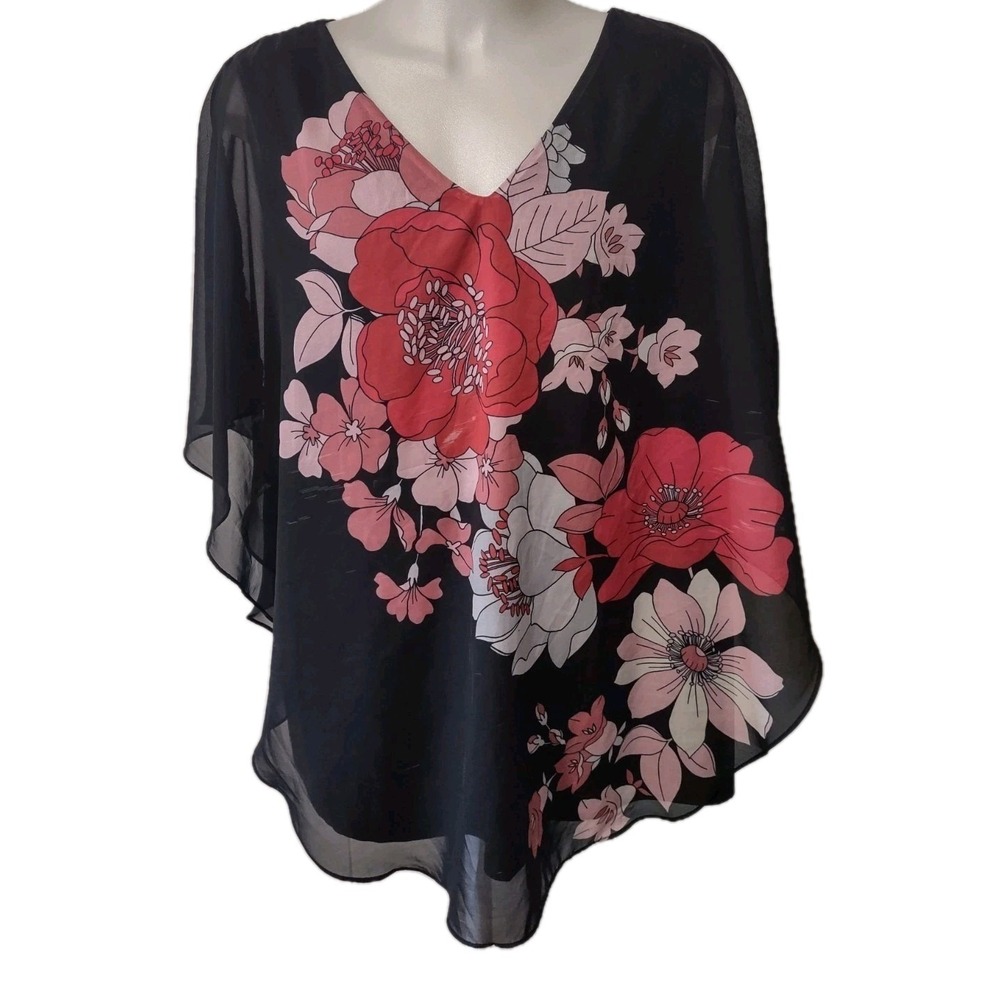 Avenue Studio Tunic Blouse Women's Plus Size 26/28 Black Red Floral Asian Lined